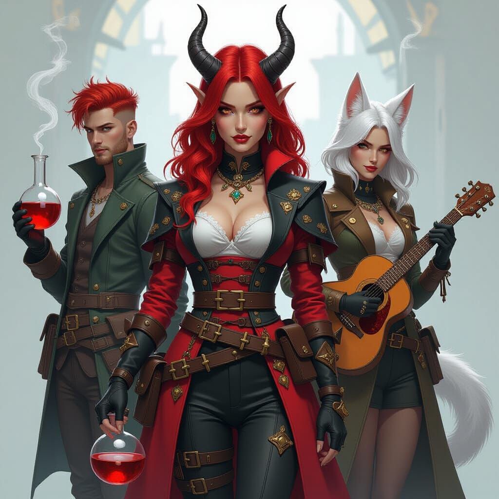 Tiefling Alchemist and Companions in Dark Fantasy Sci-Fi