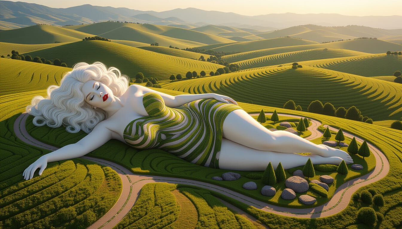 Surreal Giant Woman Merges with Landscape at Dawn