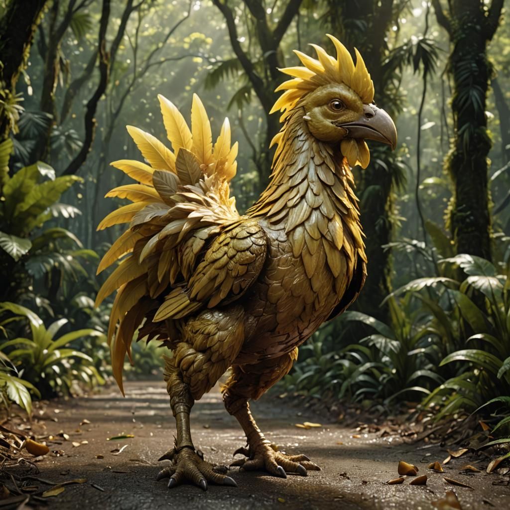 Golden Chocobo Races Through Rainforest: CGI Portrait