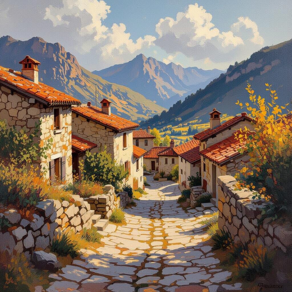 Monet-Inspired Mountain Village Oil Painting with Golden Lig...
