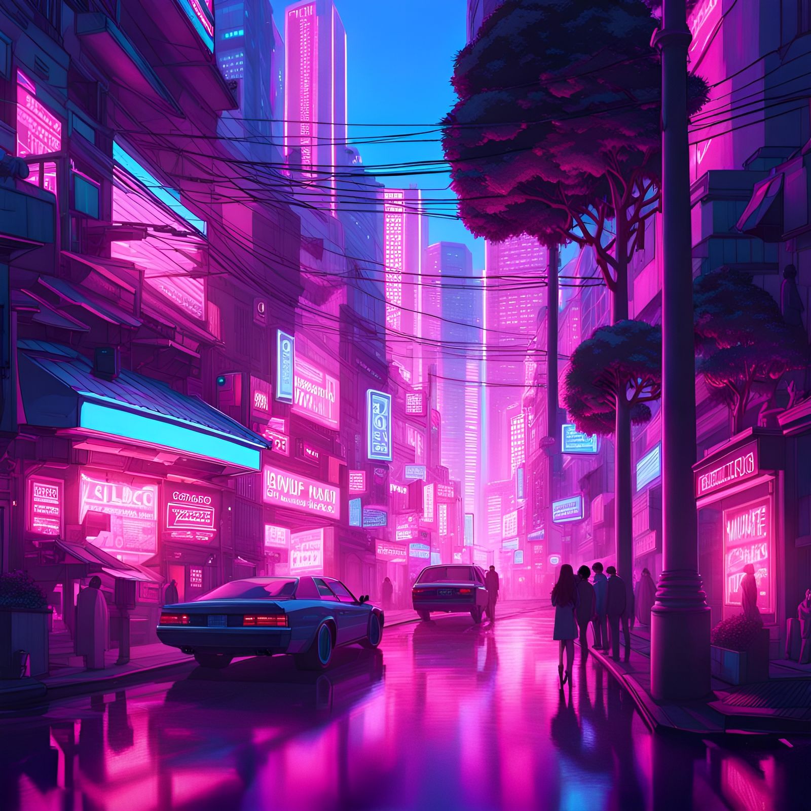 Vaporwave Cityscape with Volumetric Lighting