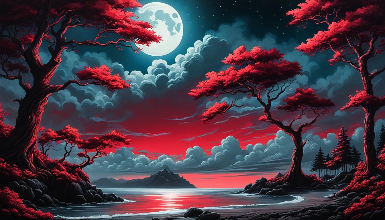 Ocean view at night with trees and the moon glowing through the clouds