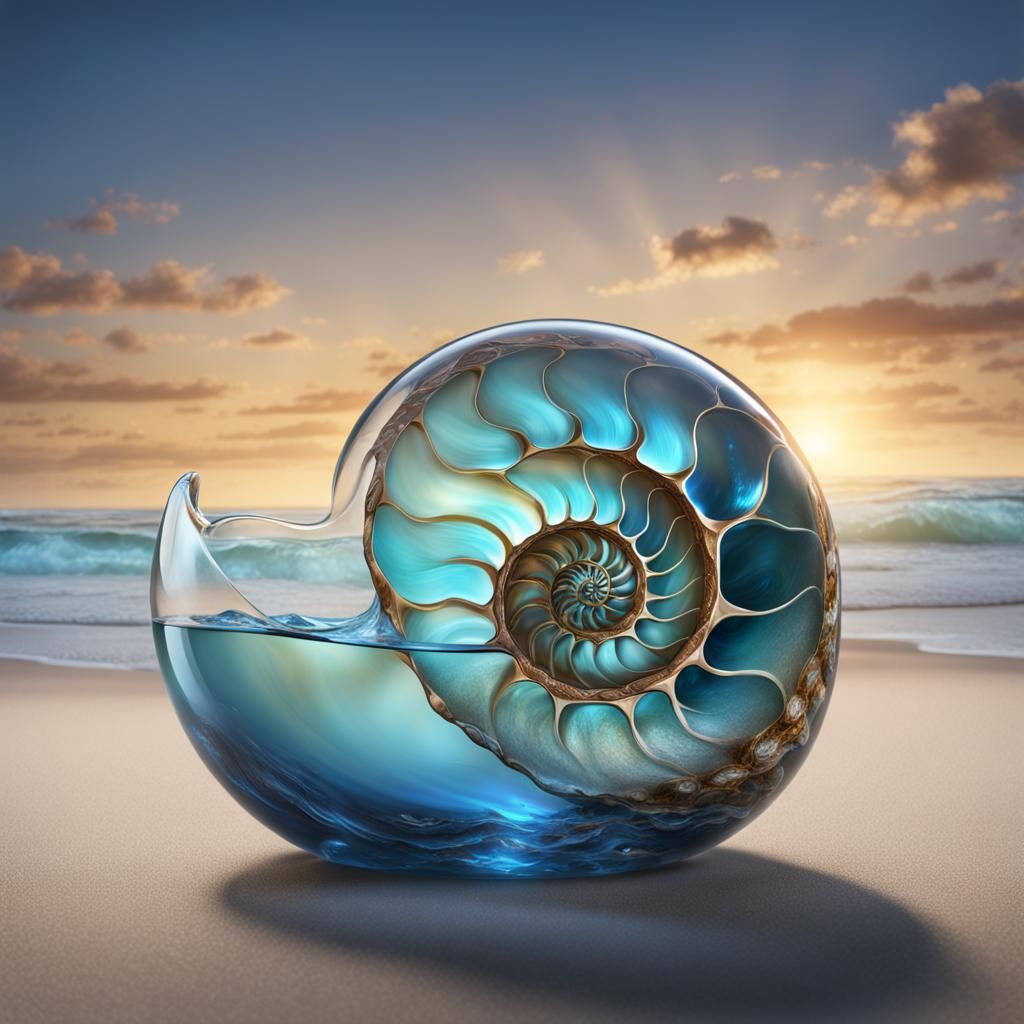 Glass Nautilus Shell Beach Scene, Detailed Matte Painting