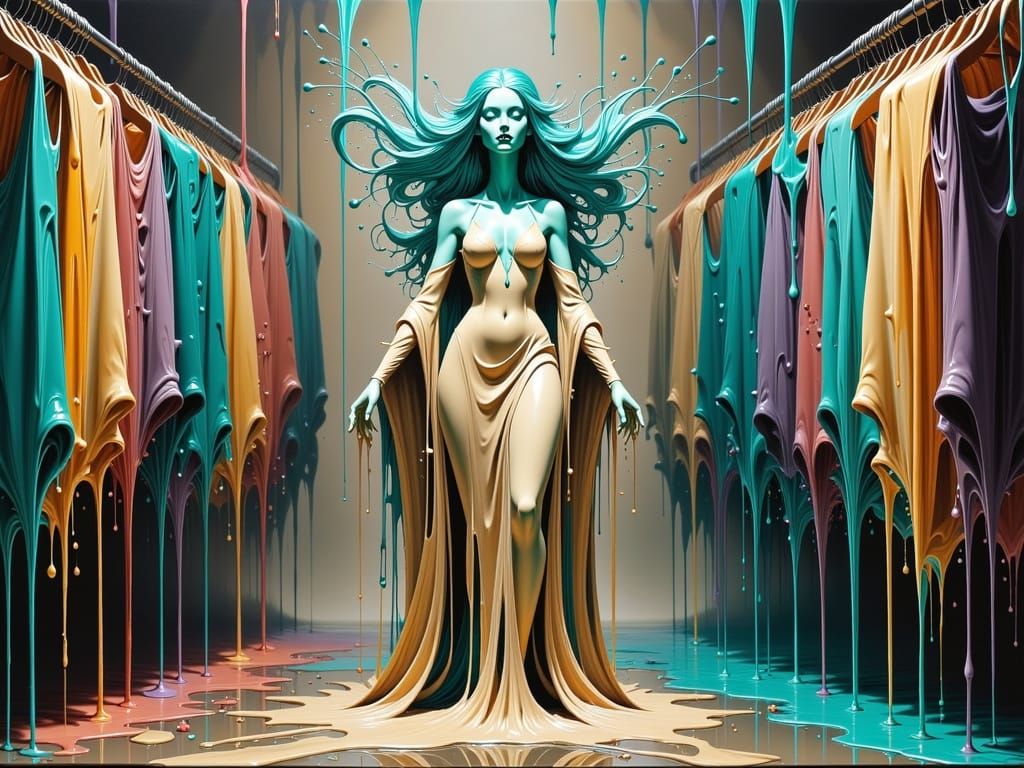 Surreal Clothing Store with Liquid Paint Gowns