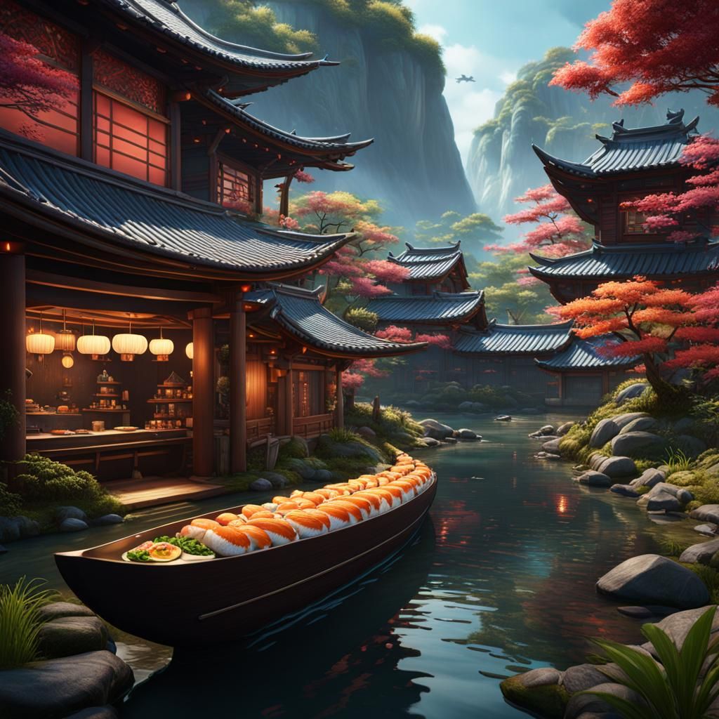 Otter as a creek side sushi chef, detailed matte painting, deep color, fantastical, intricate detail, splash screen, com...