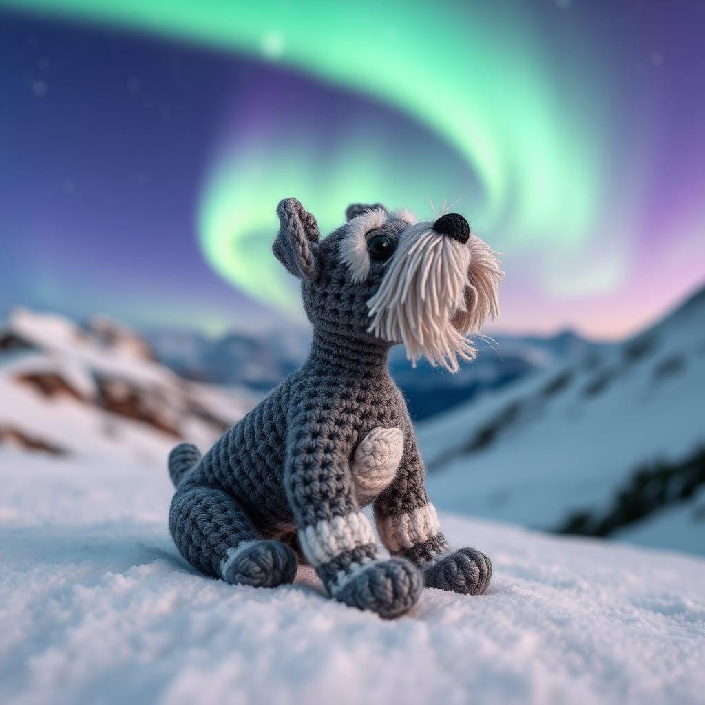 Crocheted Schnauzer Toy Gazing at Northern Lights