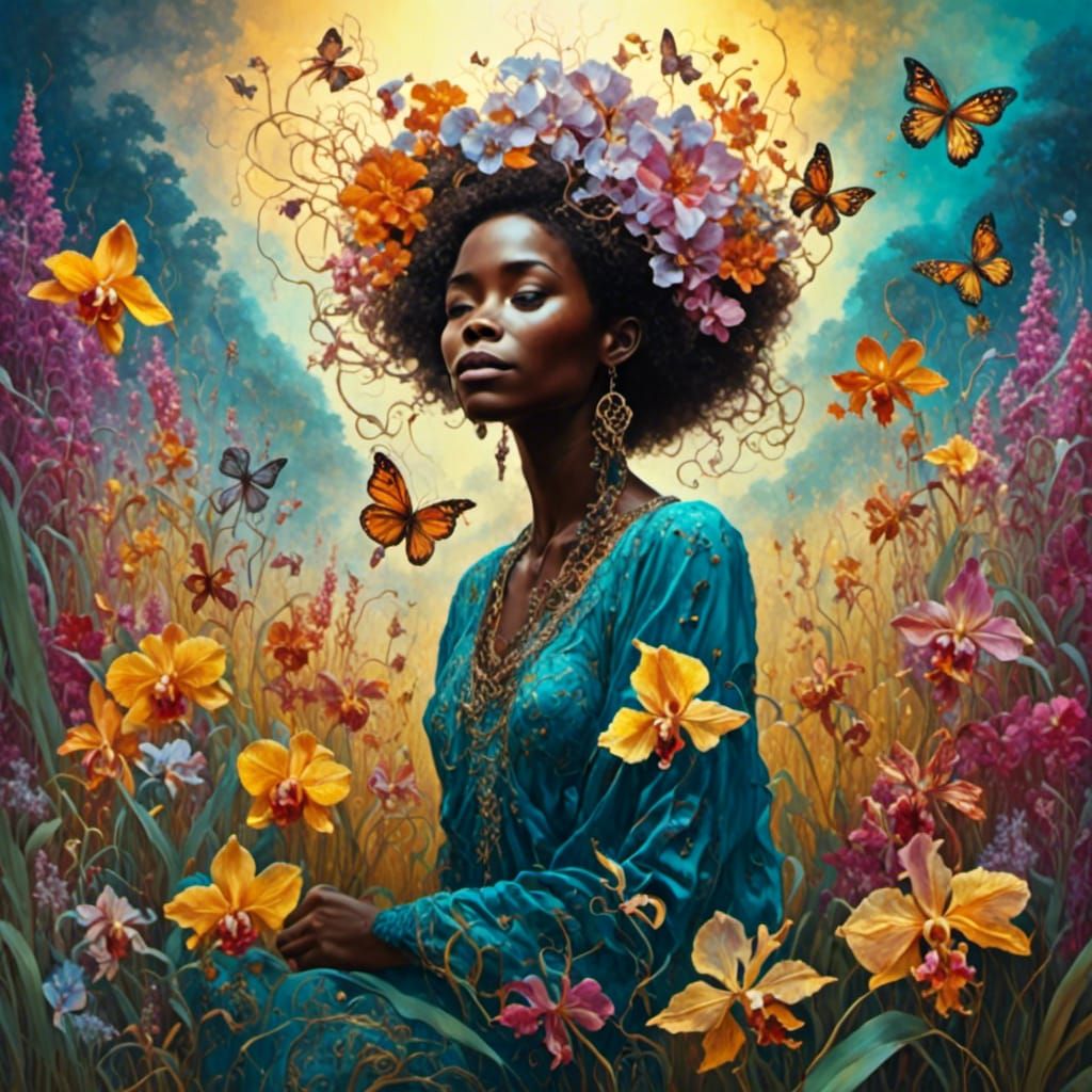 Hyperdetailed Melanin Woman in Orchid Field