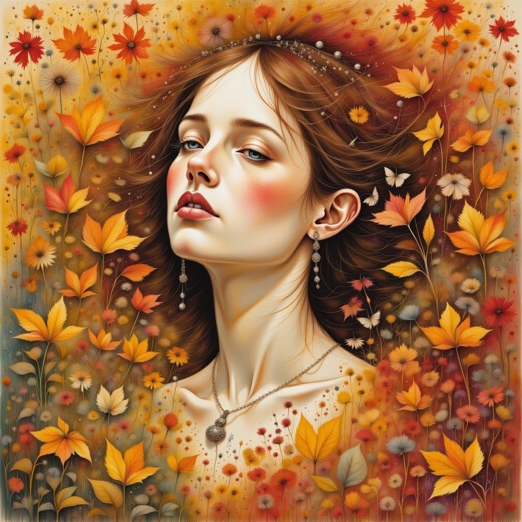 Whimsical Woman in Autumn Foliage: Oil Painting
