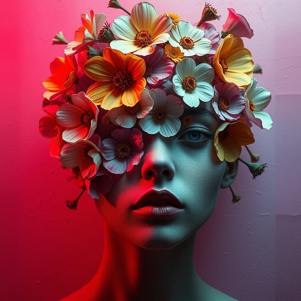 Floral Cyberpunk Portrait of Woman with Neon Lights