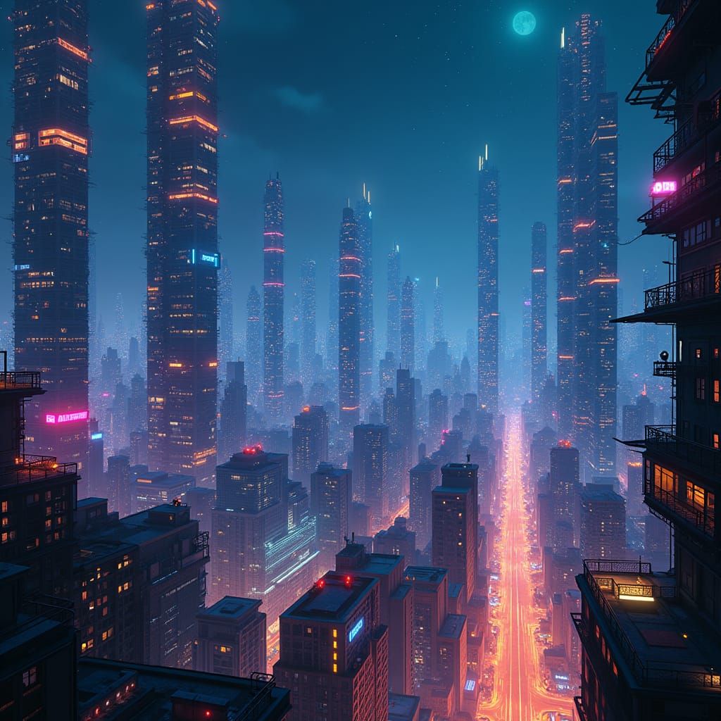 Cyberpunk Cityscape with Neon Lights and Starry Sky