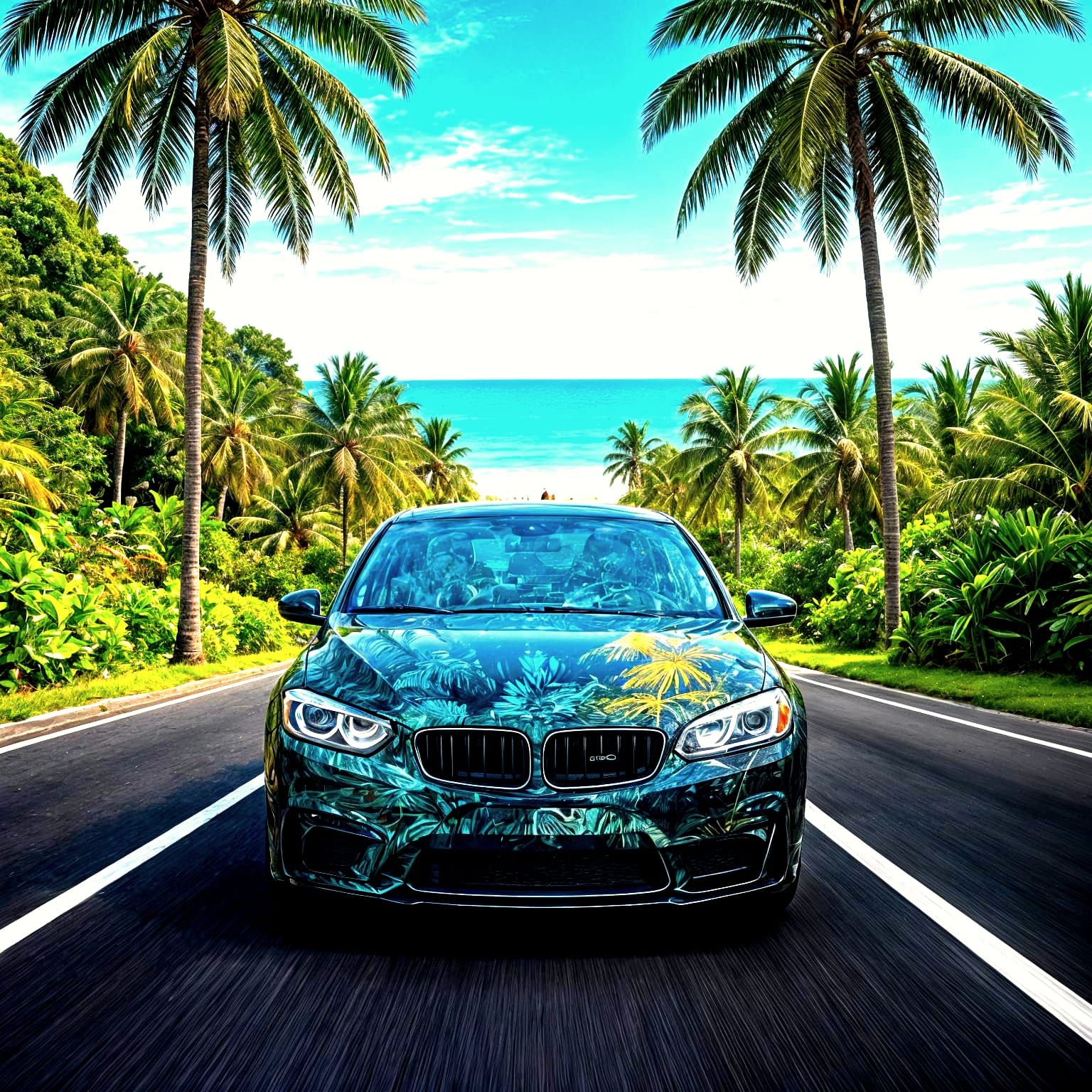 Tropical Road Car Double Exposure with Aquarium Fish