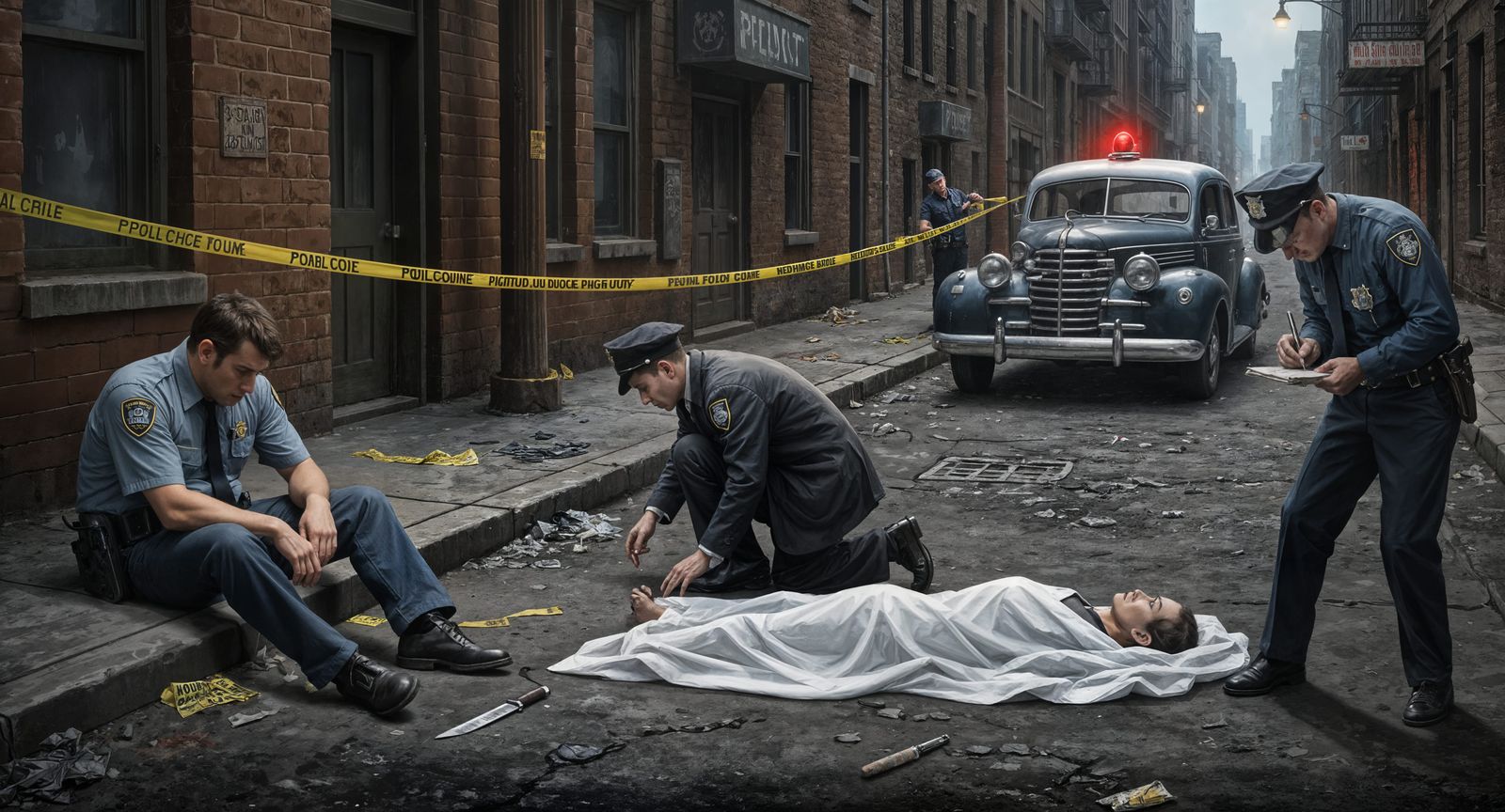 1945 NYC Crime Scene in Noir Style