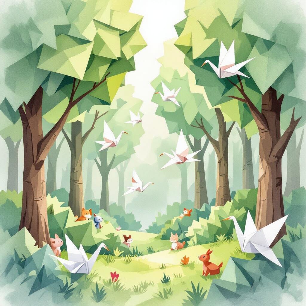 Whimsical Origami Forest Scene With Paper Animals