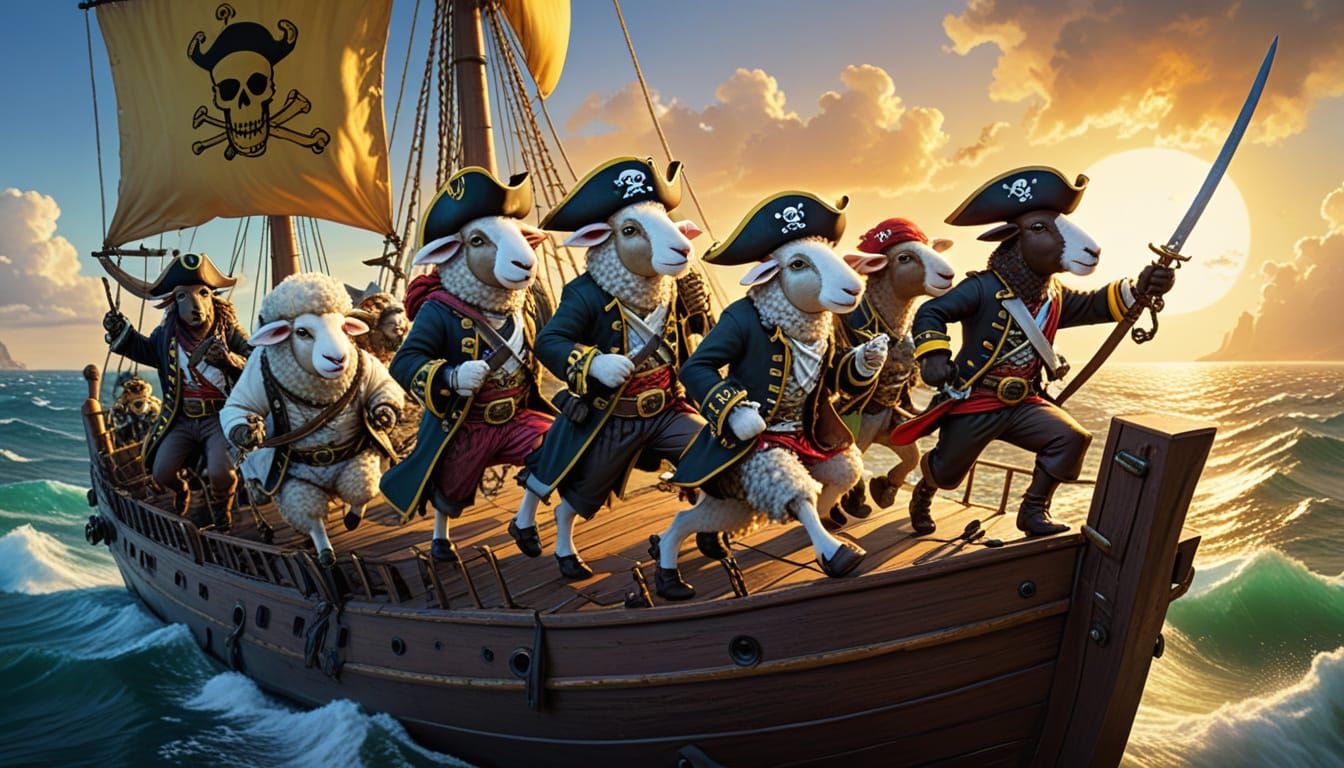 Pirate Sheep Crew on Deck in Comic Art Style