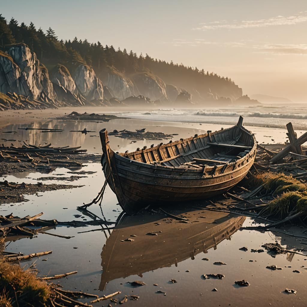 Derelict Viking Boat on Misty Beach at Dawn