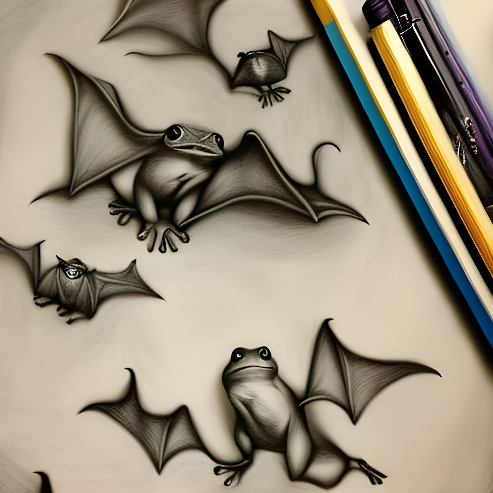 Detailed Charcoal Drawing: Bat-Frog Hybrid Creatures