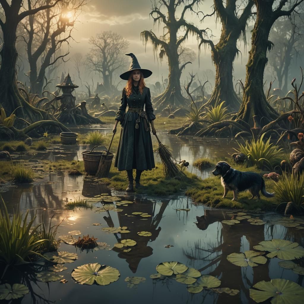 Swamp Witch Gardening with Dog: Digital Matte Painting