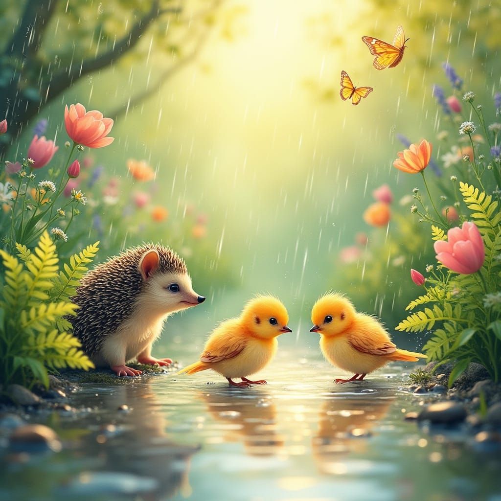 Pastel Birds in Rainy Garden, Watercolor Painting