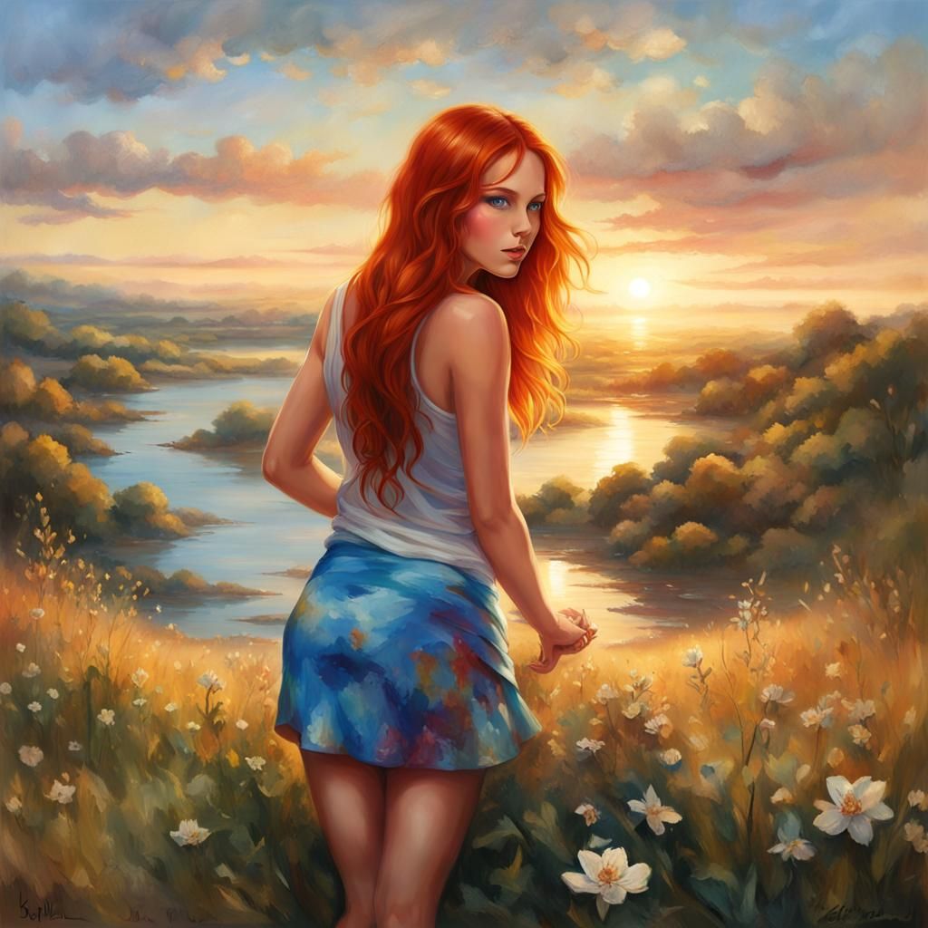 Gorgeous Artist Girl with Red Hair, Digital Painting