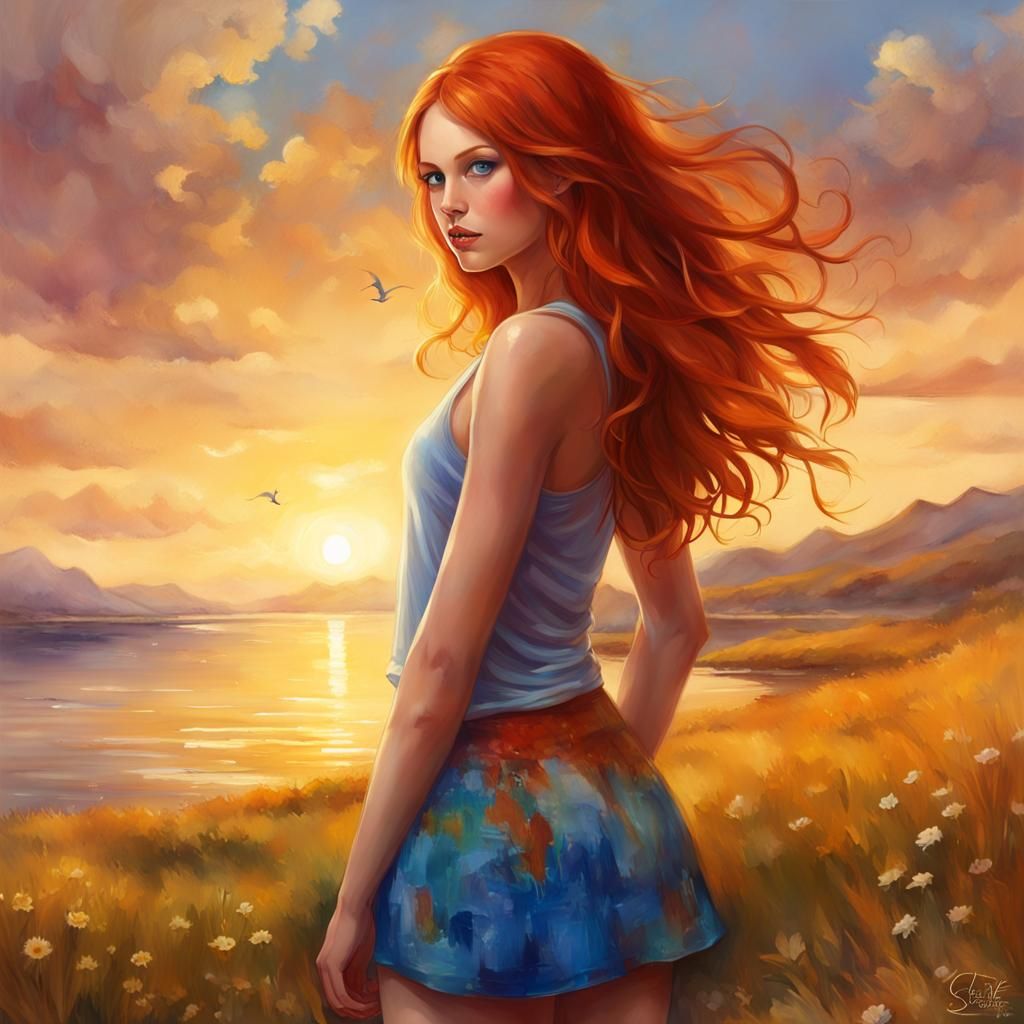 Gorgeous Artist Girl with Red Hair in Sunset Landscape
