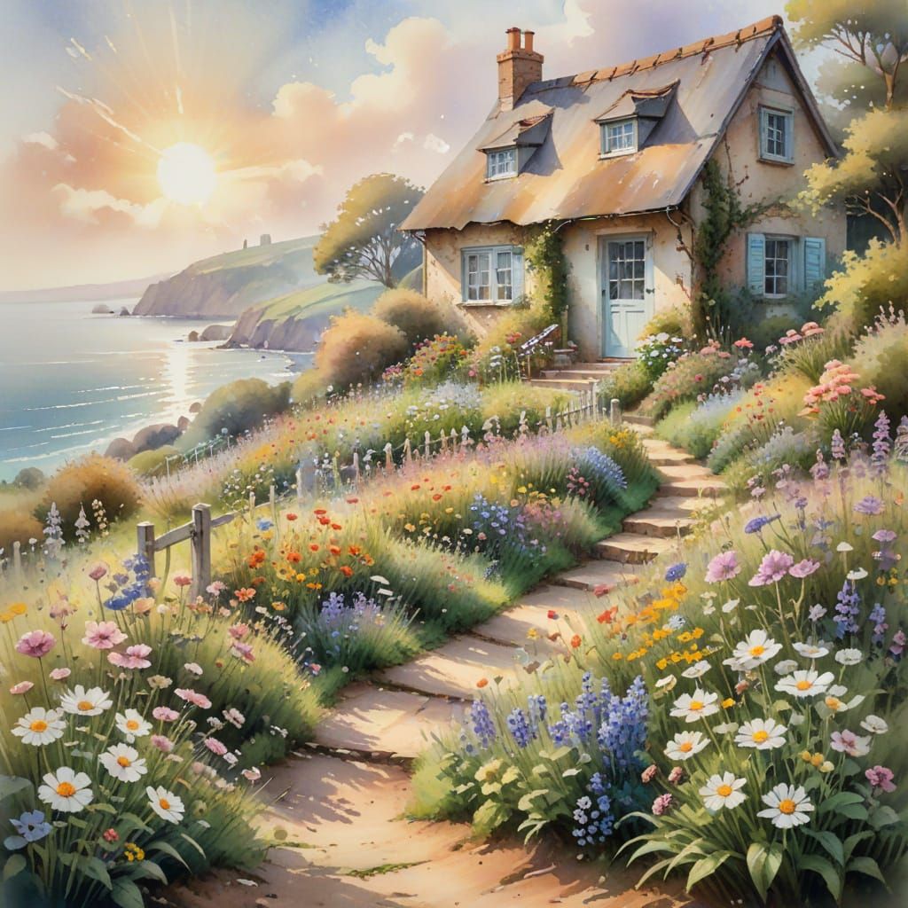 Idyllic Seaside Cottage in Impressionistic Watercolor