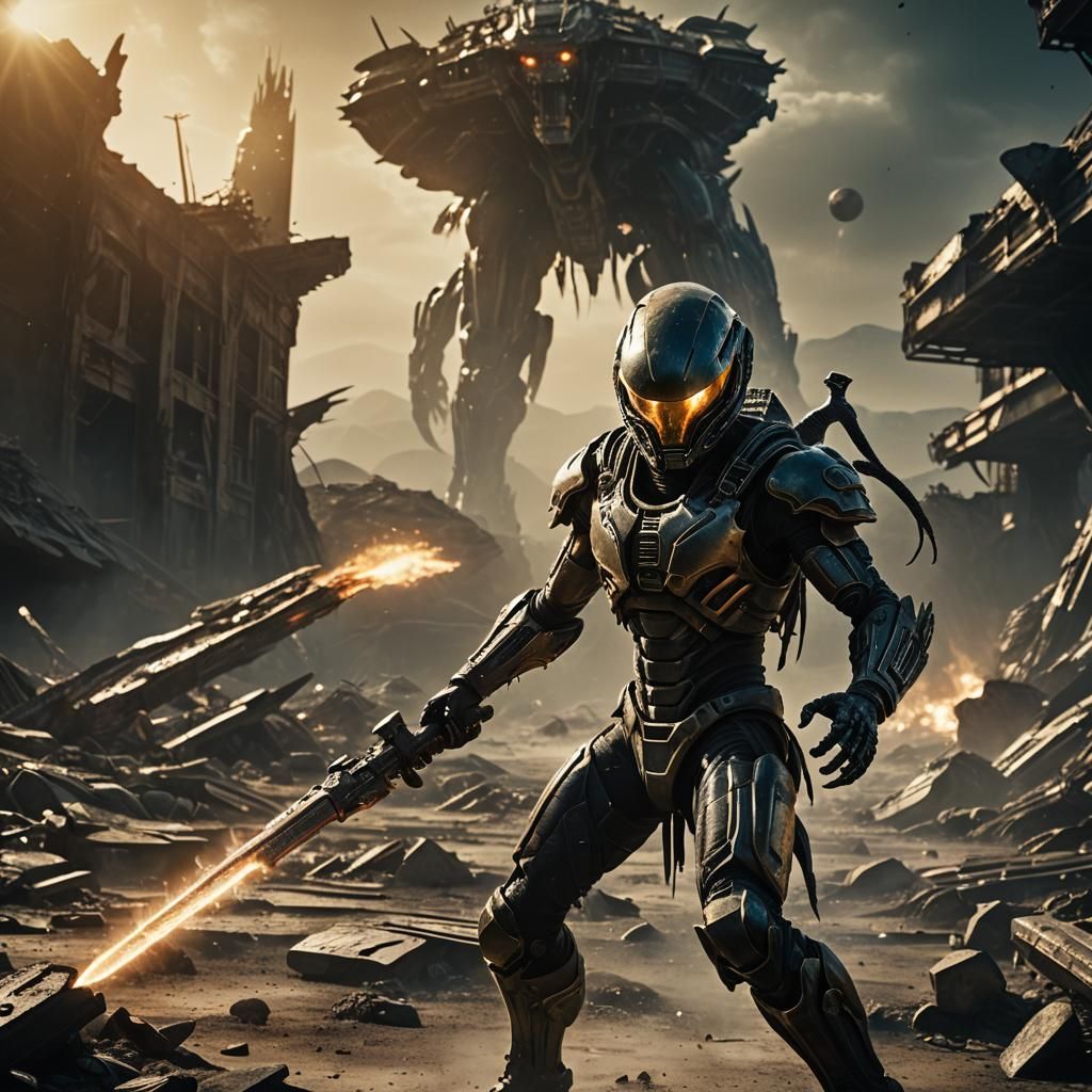 Alien Warrior in Intense Battle on Industrial Planet