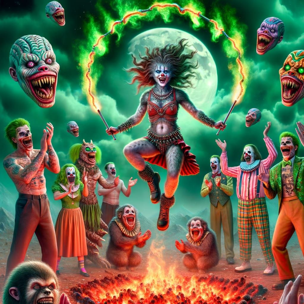 Werewolf Vaudeville Clown Spectacle with Fiery Batons