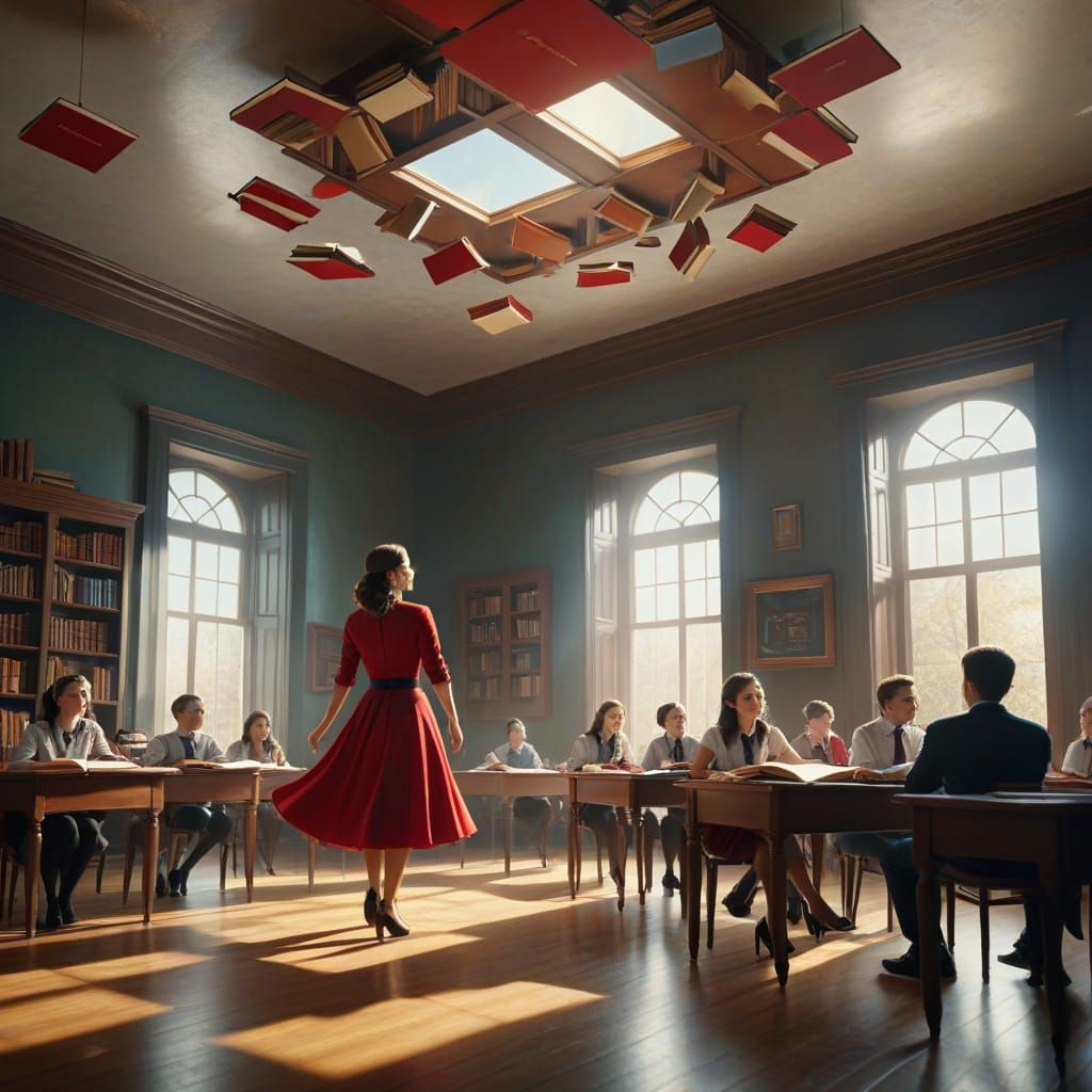 Surreal Classroom with Reversed Gravity and Floating Books