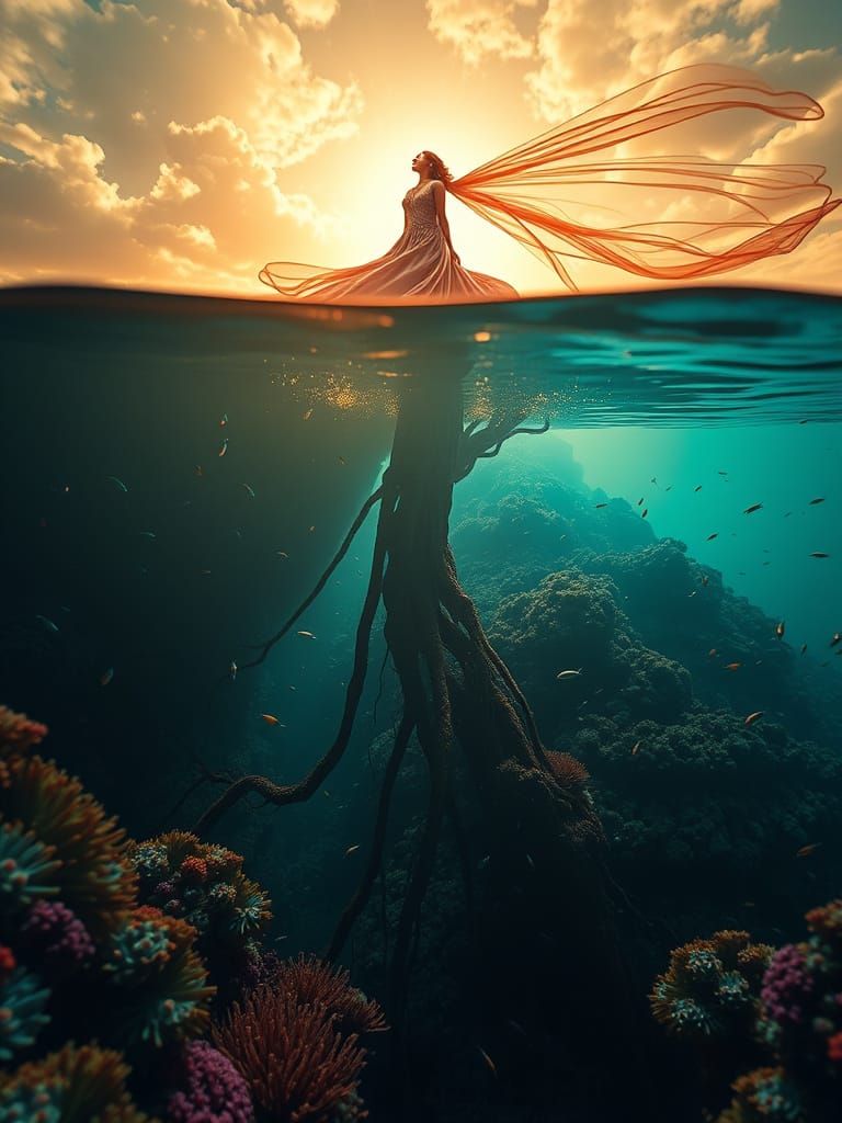 Mystical Horizon in Liquid Opal: Iridescent Woman Rises