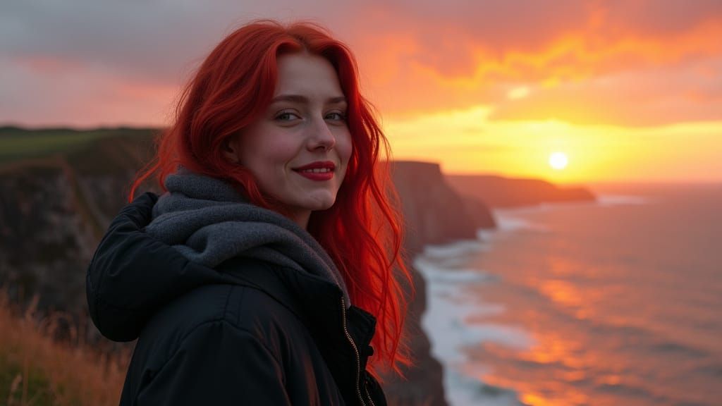 Red-Haired Woman on Devon Cliff at Sunset in Hyperrealism