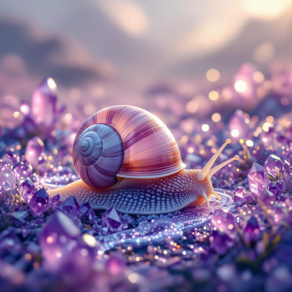 Quartz Snail on Amethyst Crystals in Surreal Style