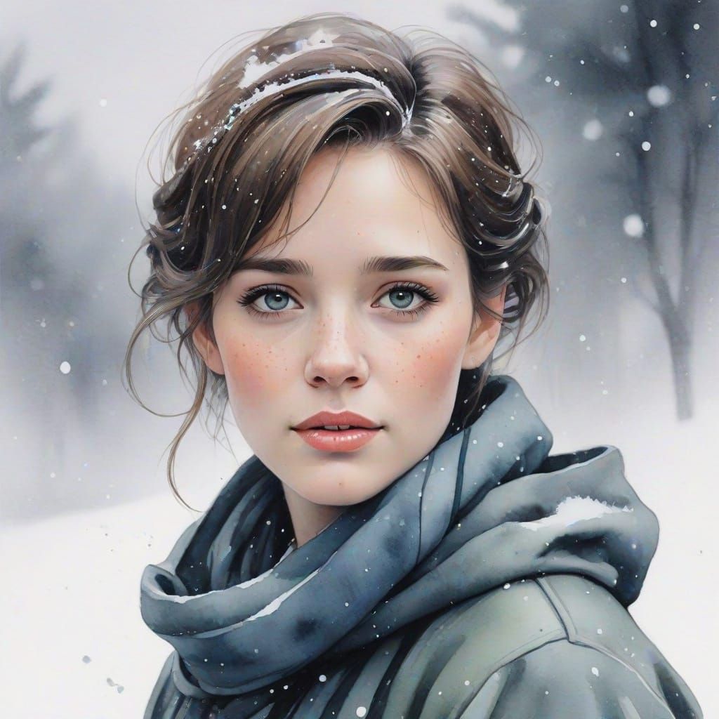 Julie Andrews in Watercolor Snowstorm, Minimalist Style