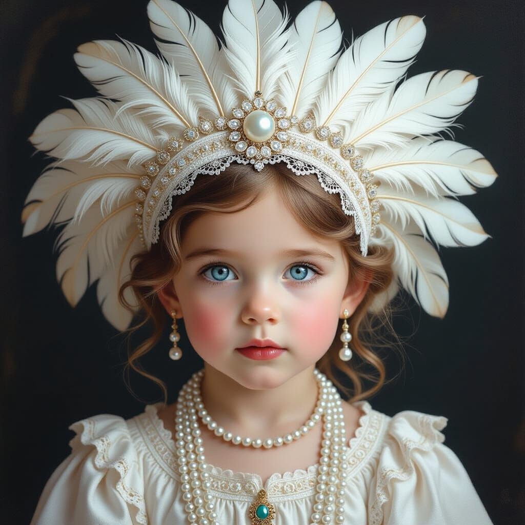 Child with Feathered Headdress in Pre-Raphaelite Style