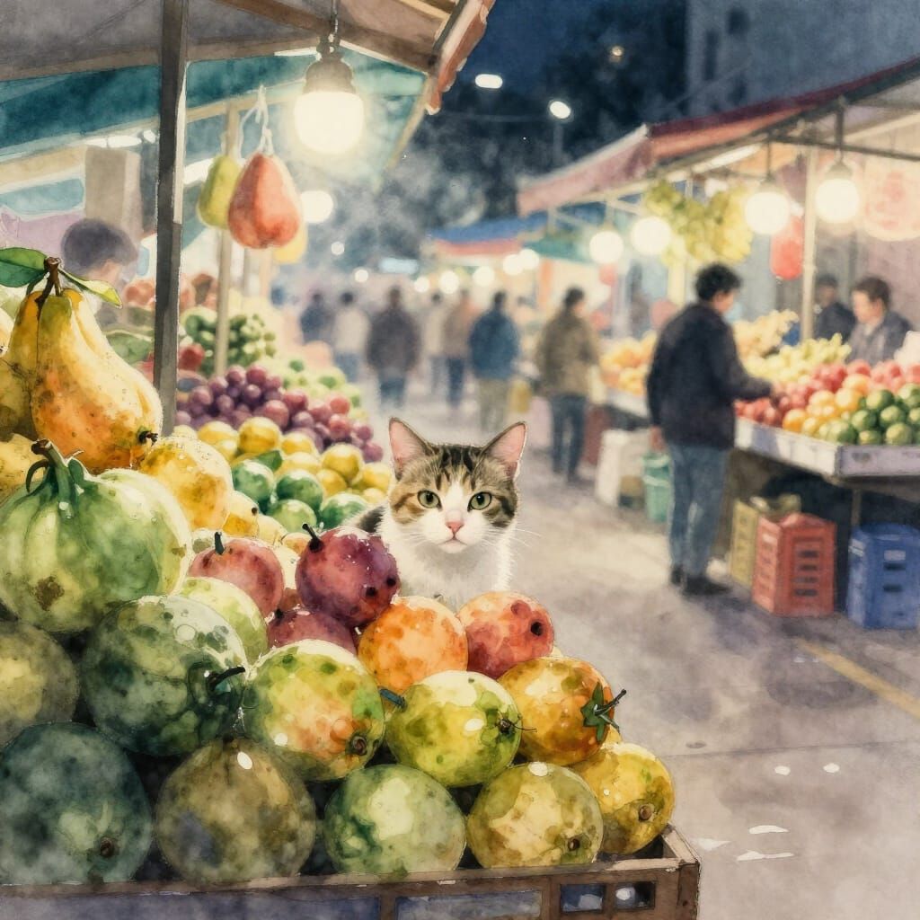 Mischievous Cat Among Exotic Fruits in Night Market
