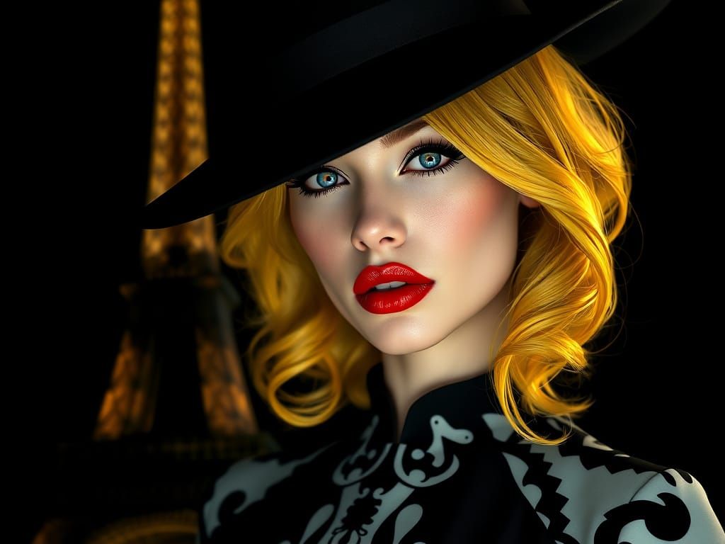 A film noir-style photo of a woman with red lips , yellow hair , blue eyes , and a slanted black hat. She is wearing a b...