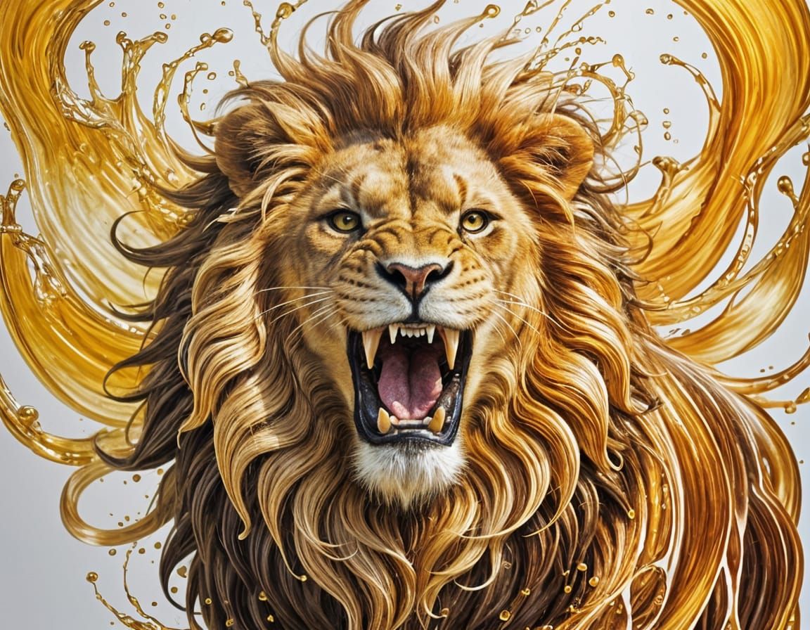 Magnificent Honey Liquid Lion Roaring in Fluid Art Style
