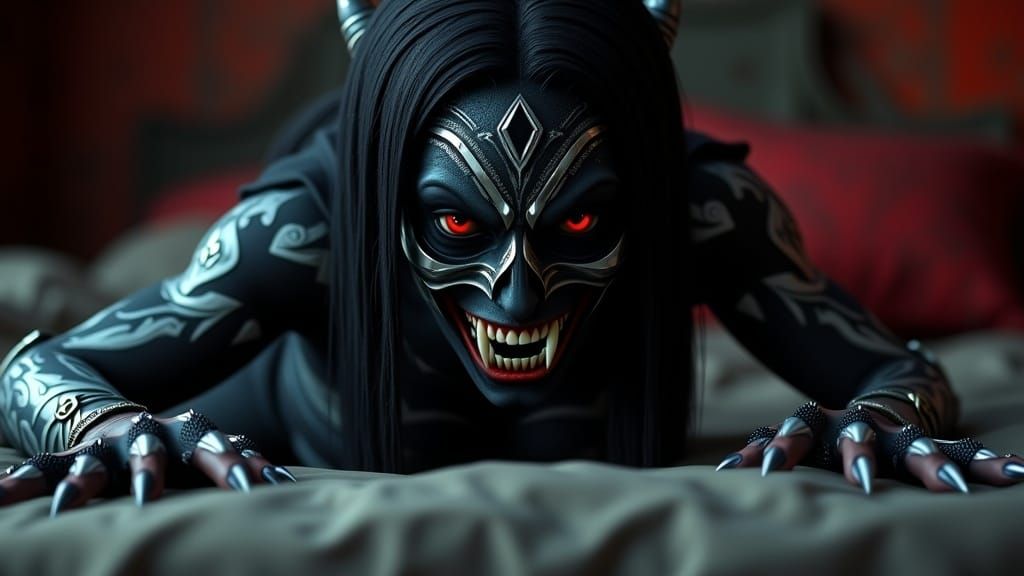 Dark-Skinned Woman with Fangs and Tattoos