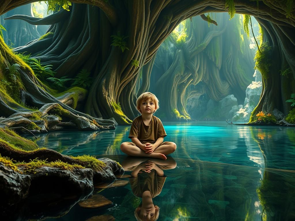 Boy by Underground Lake in Ancient Tree