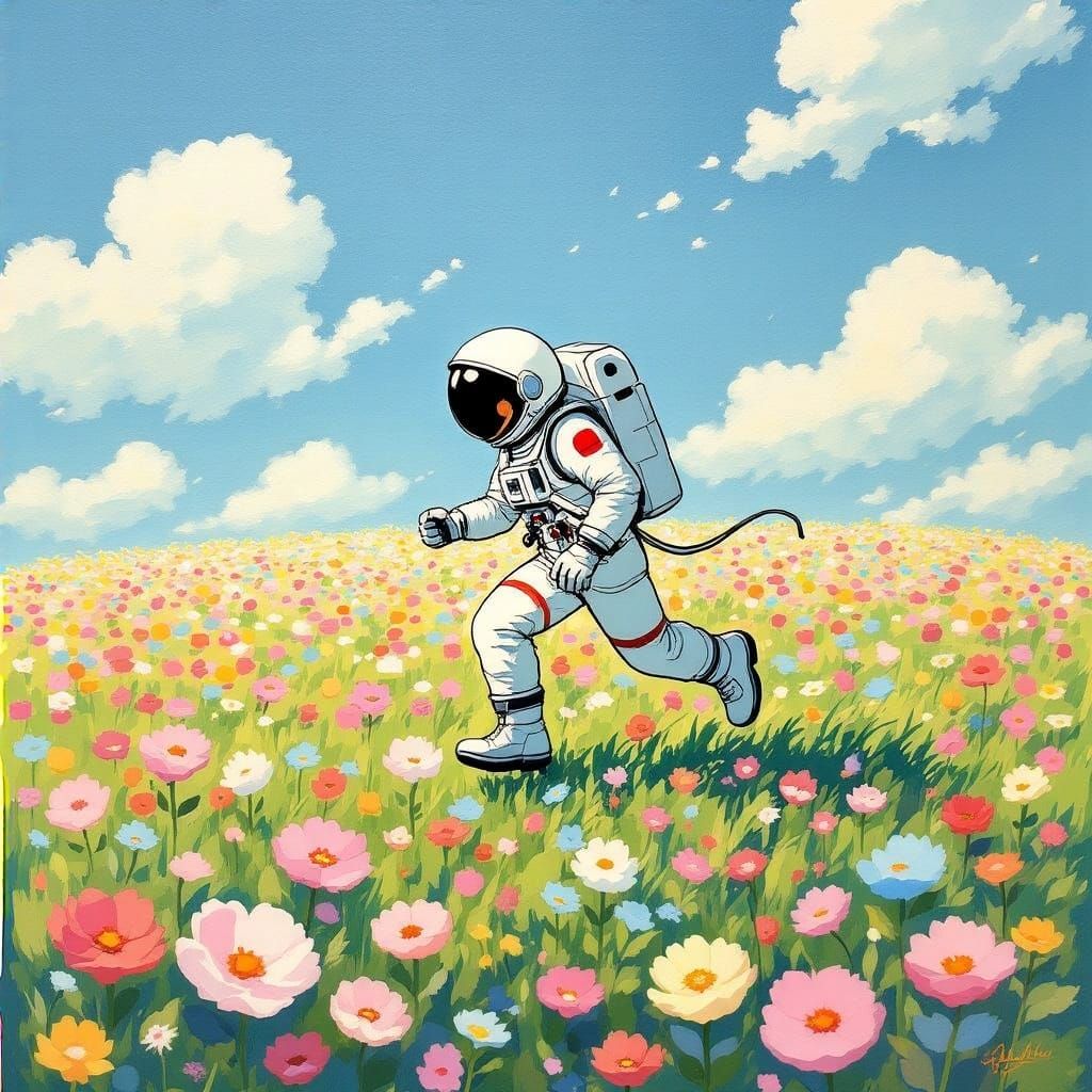 Astronaut Runs on Vibrant Floral Landscape in Oil Painting