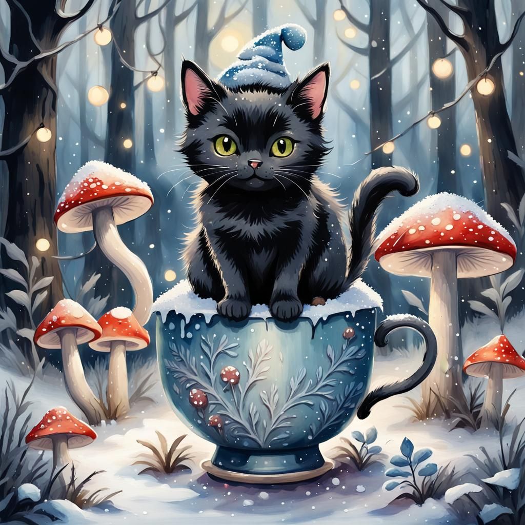 Black Cat in Winter Forest: Gouache Watercolor Illustration