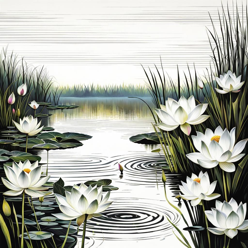 Lotus Flowers on Lake, Impressionist Style
