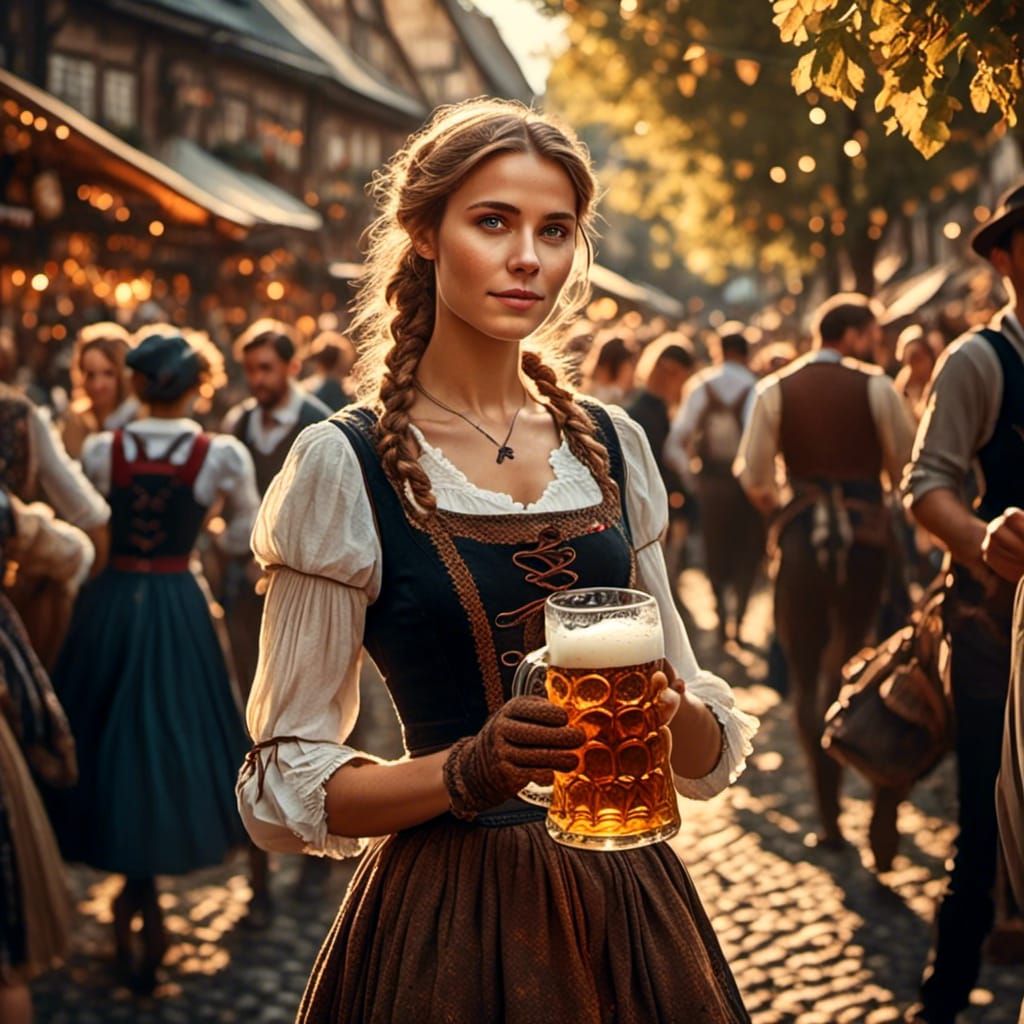 Bavarian Girl with Beer at Oktoberfest in Realism Style