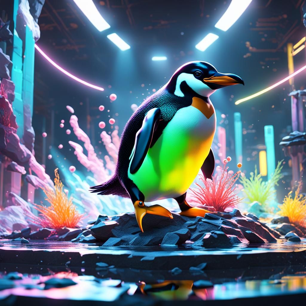 Neon Penguin Diorama in Digital Painting Style