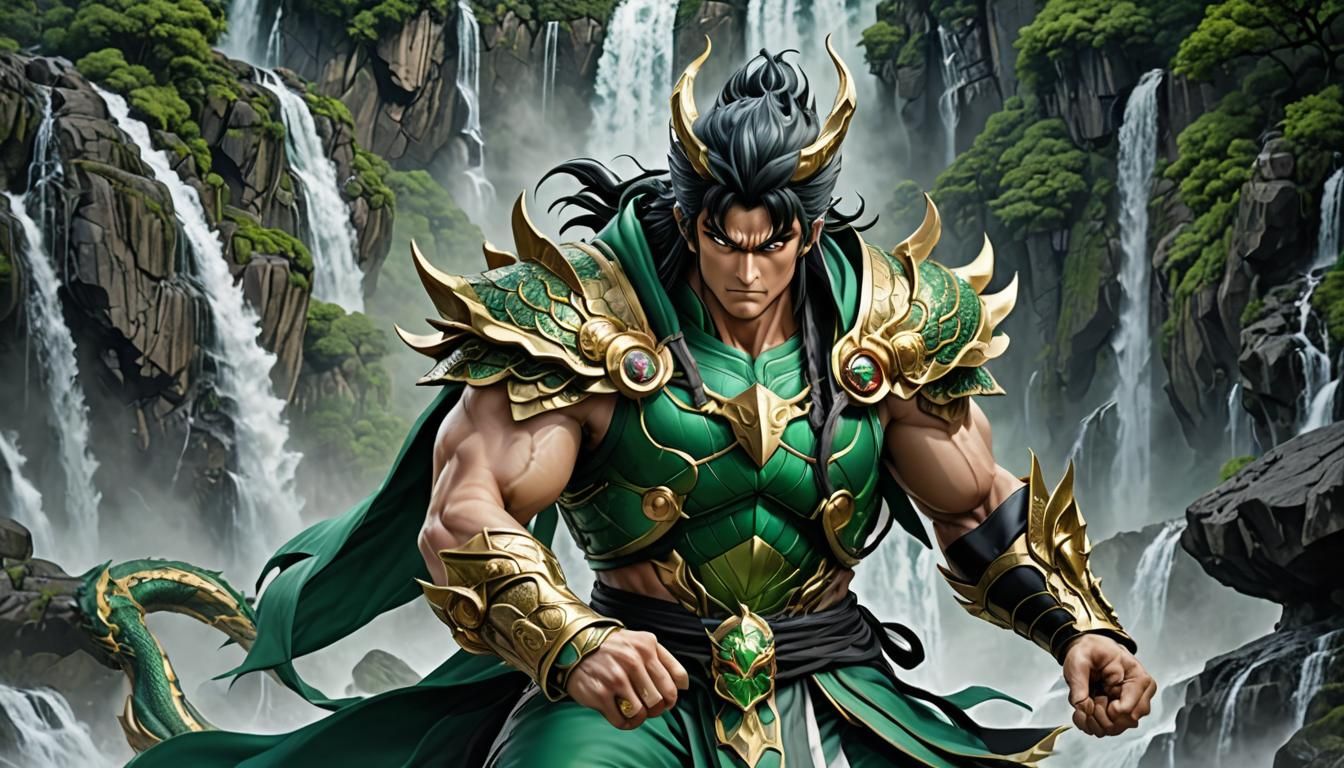 8K ultra-realistic Shiryu, imposing in the Dragon God Cloth. His blindfold conceals unwavering resolve, a single resolut...