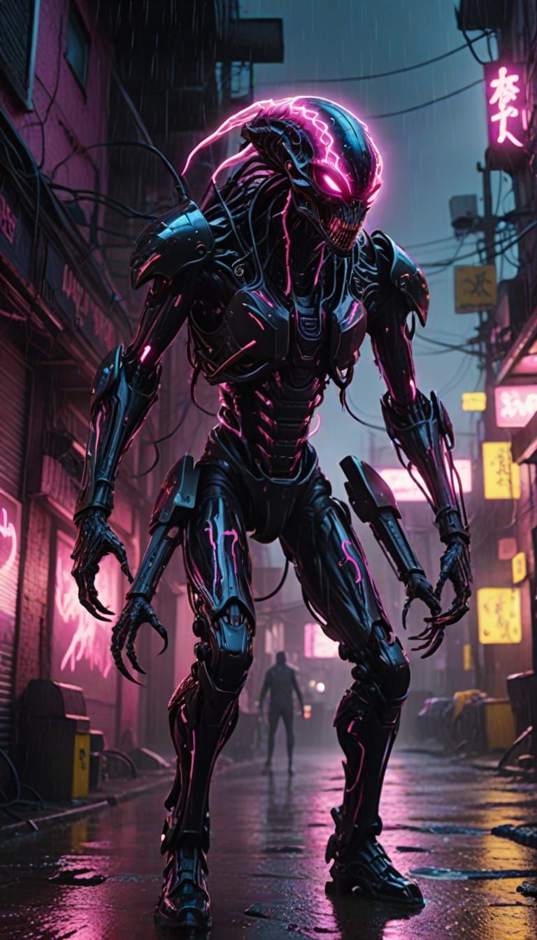 Biomechanical Alien Roaring Under Pink Lightning in Cyberpun...