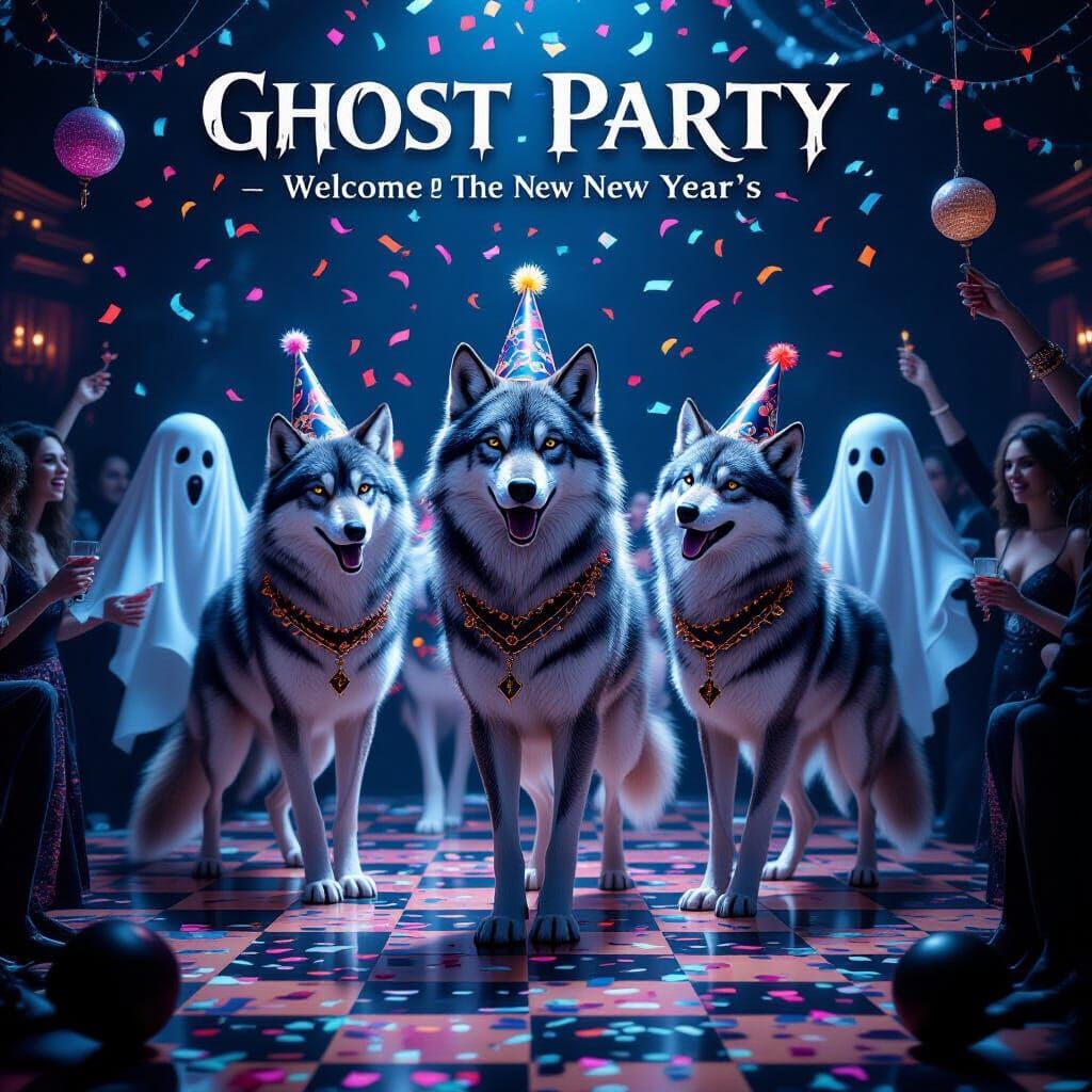 Majestic Wolves Celebrate New Year in Surreal Fantasy Scene