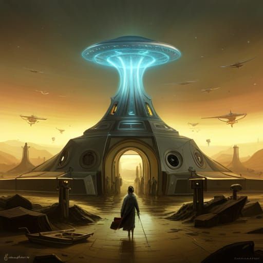 Chrome UFO Landing with Celestial Glow