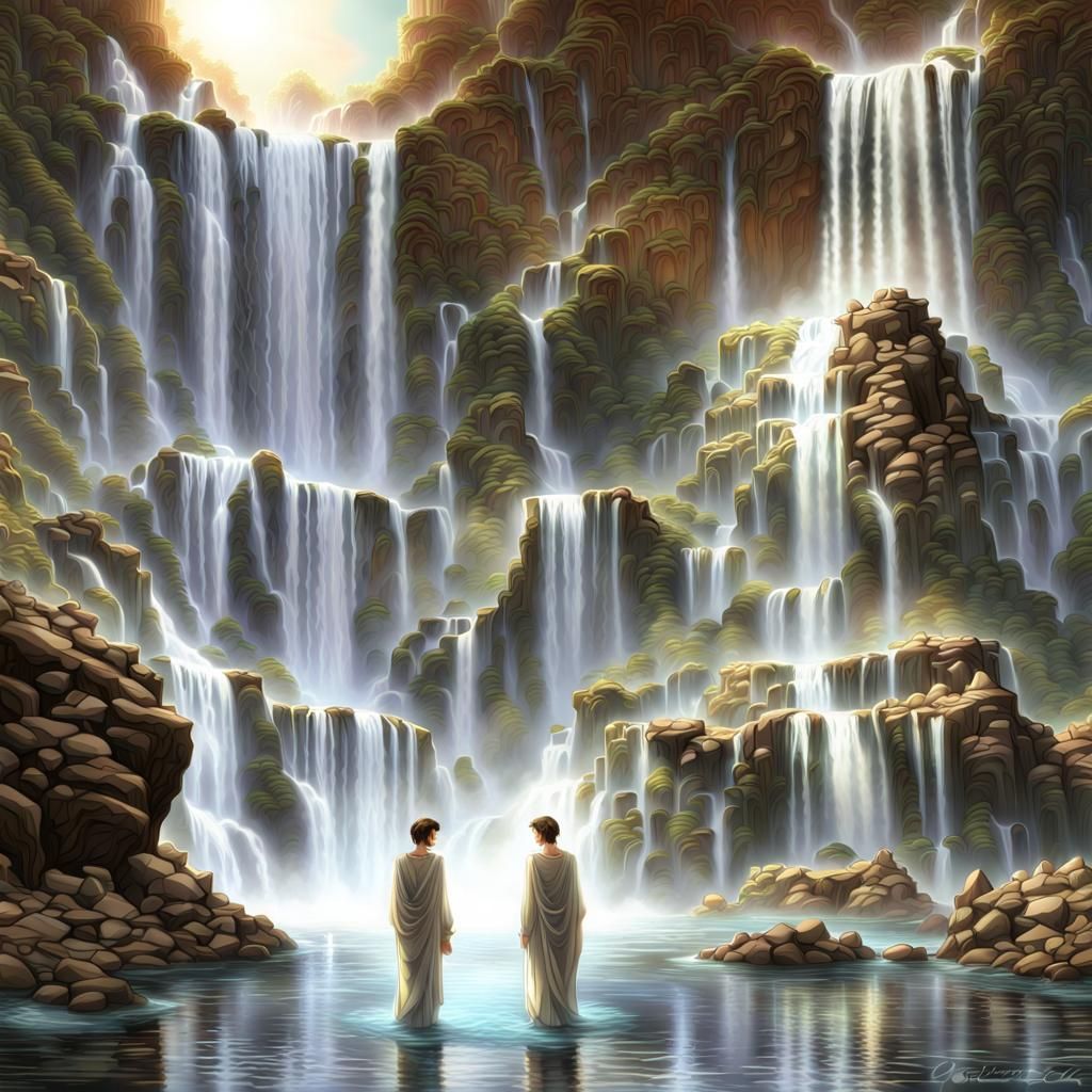 Elven Men Showering Under Fractal Waterfalls