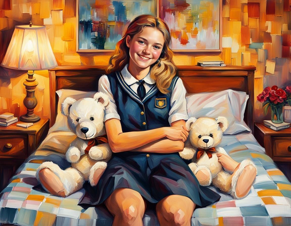Girl with Teddy Bear in Neo-Impressionist Style