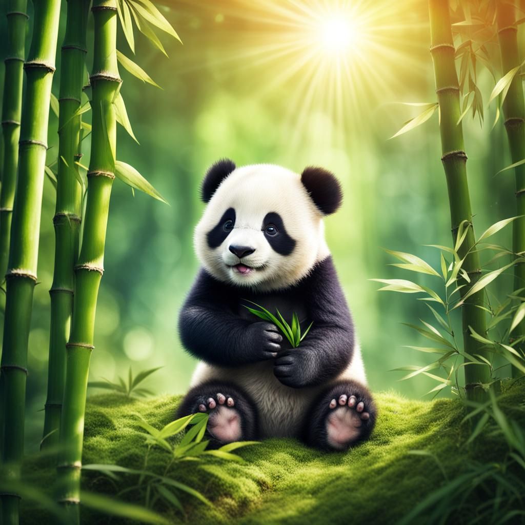 Cute Baby Panda in Bamboo Forest with Sunbeams